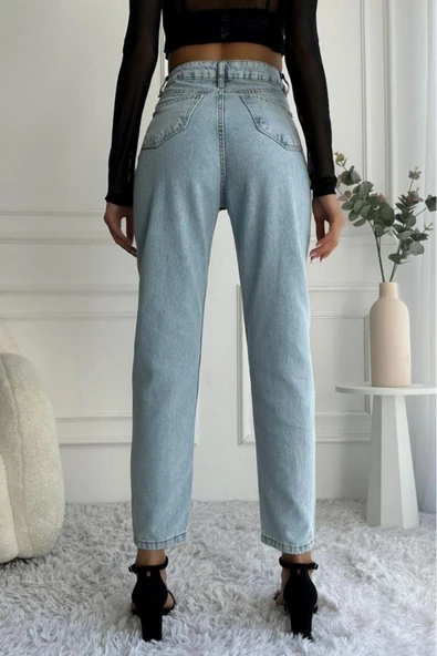 Kadın Yüksek Bel Taşlı Mom Fit Mavi Jean Pantolon - 12