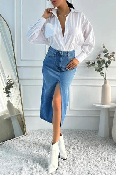 Kadın Midi Boy Pens Detaylı Yırtmaçlı Denim Mavi Etek - 6