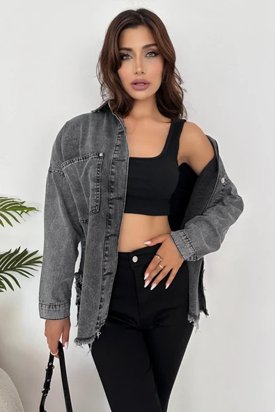 Kadın Oversize Etek Ucu Püsküllü Denim Gömlek - 3