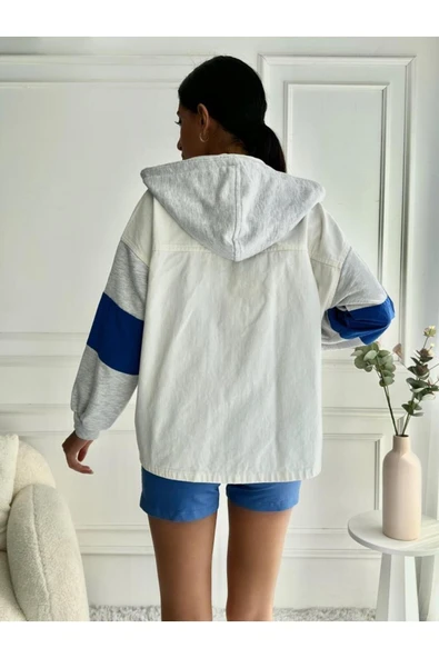 Kadın Oversize Çıkarılabilir Kapüşonlu Denim Bej Ceket - 2