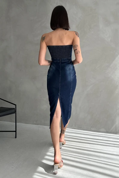 Yarım Düğmeli Sırtı Lastikli Cepli Midi Denim Elbise - 3