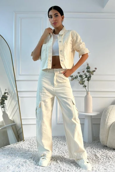 Kadın Yüksek Bel Wide Leg Bej Kargo Jean Pantolon - 6