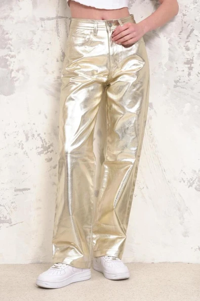 Kadın Geniş Paça Varaklı Yüksek Bel Parlak Kaplama Pantolon - 6