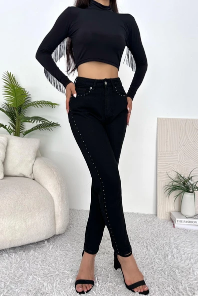 Kadın Yüksek Bel Dar Paça Taşlı Jean Pantolon - 3