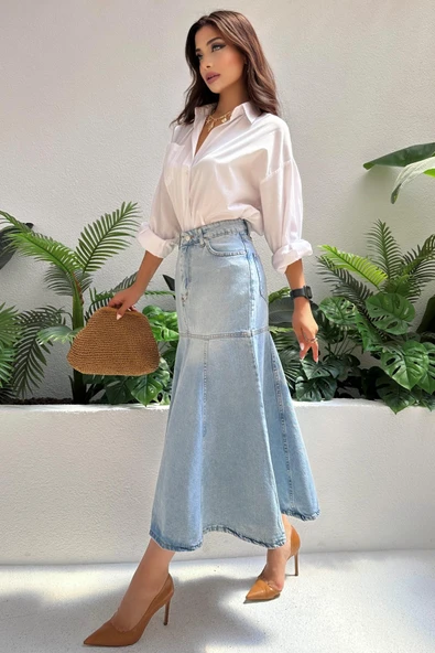 Kadın Kloş Maxi Boy Uzun Denim Etek - 4