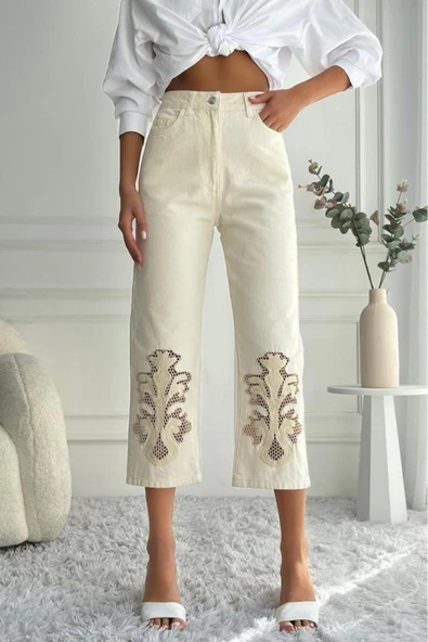 Kadın Yüksek Bel Dantel İşlemeli Mom Fit Bej Jean Pantolon - 3