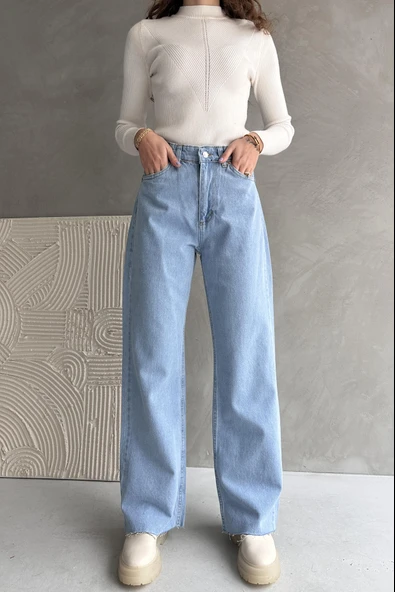 Yüksek Bel Geniş Paça Dikişsiz Paça Wide Leg Jean - 1419