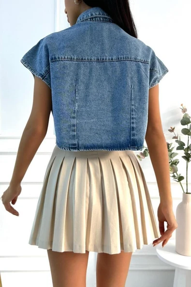 Kadın Crop Oversize Mavi Denim Yelek - 7