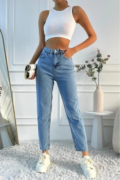 Kadın Yüksek Bel Mom Fit Mavi Jean Pantolon - 3