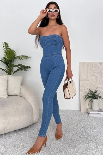 Kadın Likralı Straplez Denim Tulum - 2