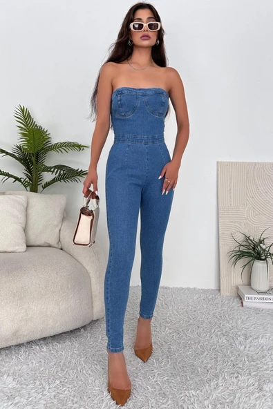Kadın Likralı Straplez Denim Tulum