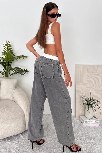 Kadın Bel Ve Paça Lastikli Boxer Detaylı Jean Pantolon - 5