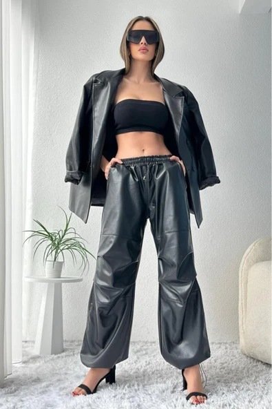 Kadın Bel ve Paça Lastikli Suni Deri Yüksek Bel Jogger Siyah Pantolon - 6