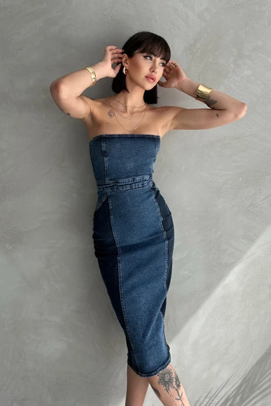 Çift Renkli Kısa Yırtmaçlı Diz Altı Denim Elbise - 3