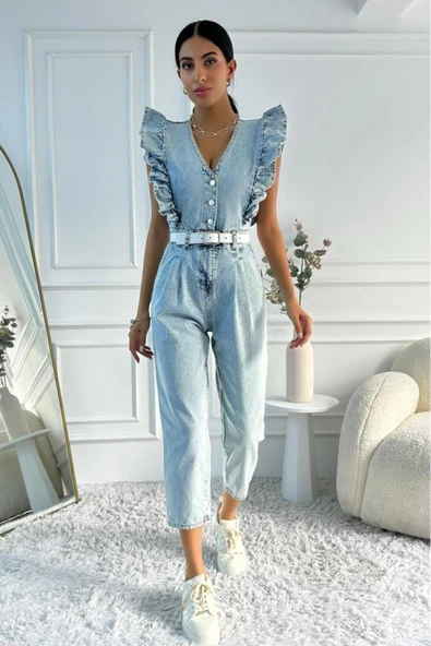 Kadın Fırfır Detaylı Kolsuz Mom Kalıp Denim Tulum - 6