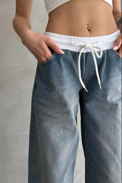 Yüksek Bel Bağcık Bel Detay Jean - 6