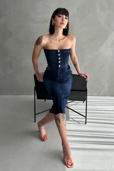 Yarım Düğmeli Sırtı Lastikli Cepli Midi Denim Elbise - 5