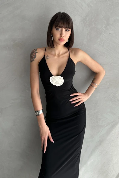 Çiçek Detaylı Siyah Yazlık Uzun Elbise - 2