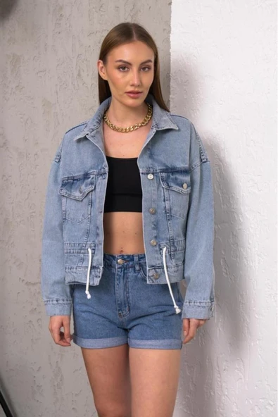 Kadın Oversize Bel Ayarlamalı Denim Ceket