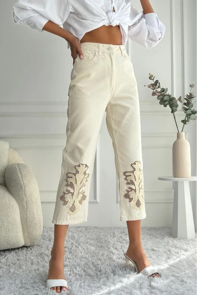 Kadın Yüksek Bel Dantel İşlemeli Mom Fit Bej Jean Pantolon - 9