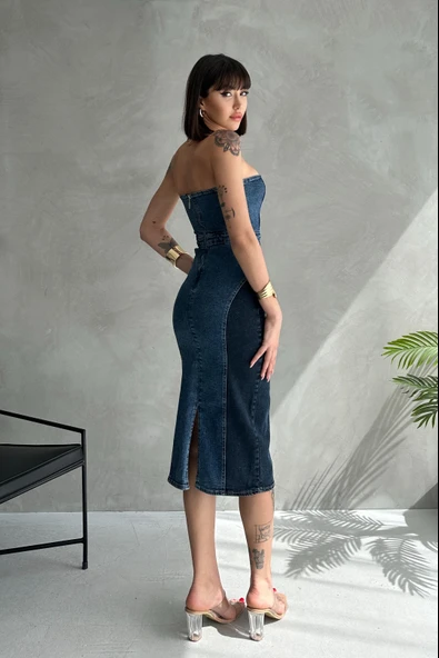 Çift Renkli Kısa Yırtmaçlı Diz Altı Denim Elbise - 4