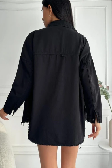 Kadın Oversize Etek Ucu Püsküllü Denim Siyah Gömlek - 7