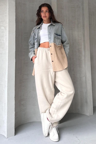 Yarı Eskitme Denim Detaylı Gömlek - 12