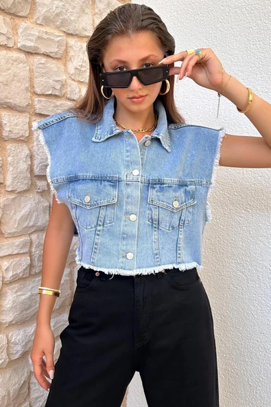 Kadın Püsküllü Denim Yelek - 4