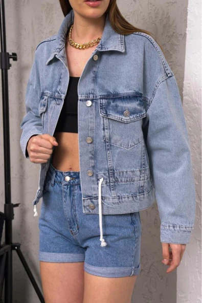 Kadın Oversize Bel Ayarlamalı Denim Ceket - 4
