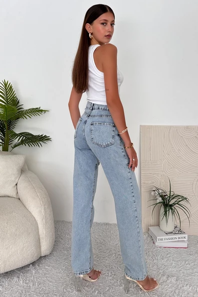 Kadın Yüksek Bel Yırtık Detaylı Taşlı Jean Pantolon - 5