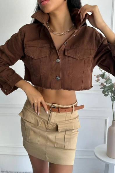 Kadın Etek Ucu Püsküllü Crop Denim Ceket