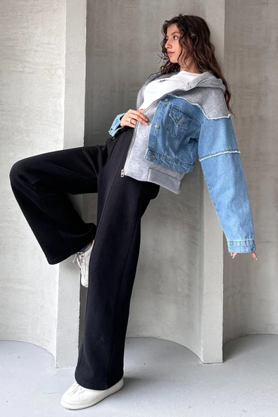 Relaxed Fit Yarı Denim Kapüşonlu Hırka - 2