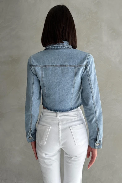 Cepli Düğmeli Uzun Kollu Crop Denim Ceket - 4
