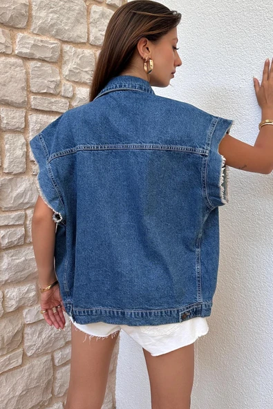 Kadın Oversize Kolları Püsküllü Denim Yelek - 5