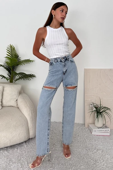 Kadın Yüksek Bel Yırtık Detaylı Taşlı Jean Pantolon