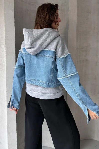 Relaxed Fit Yarı Denim Kapüşonlu Hırka - 4