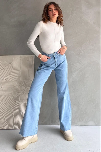 Yüksek Bel Geniş Paça Dikişsiz Paça Wide Leg Jean - 1419 - 2