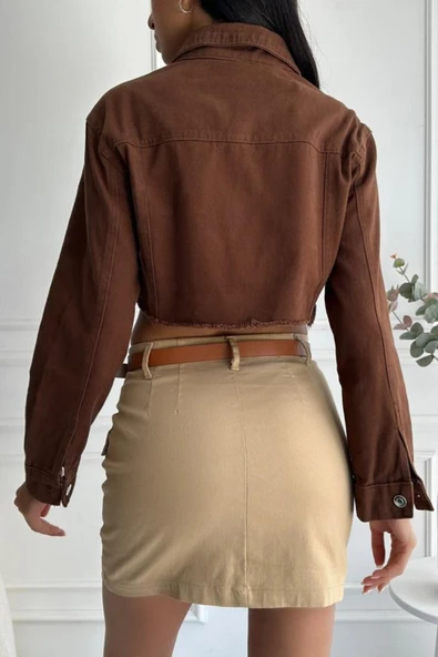 Kadın Etek Ucu Püsküllü Crop Denim Ceket - 12