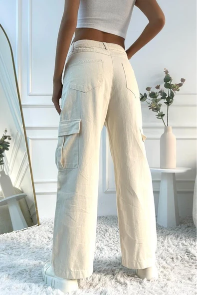 Kadın Yüksek Bel Wide Leg Bej Kargo Jean Pantolon - 2