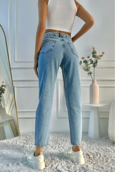 Kadın Yüksek Bel Mom Fit Mavi Jean Pantolon - 12