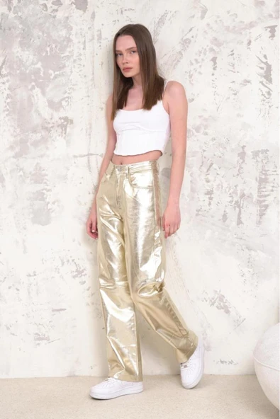 Kadın Geniş Paça Varaklı Yüksek Bel Parlak Kaplama Pantolon - 10