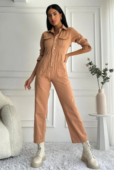Kadın Çıt Çıt Düğmeli Uzun Kollu Denim Kiremit Tulum - 6