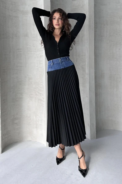 Denim Detay Pileli Etek - 4