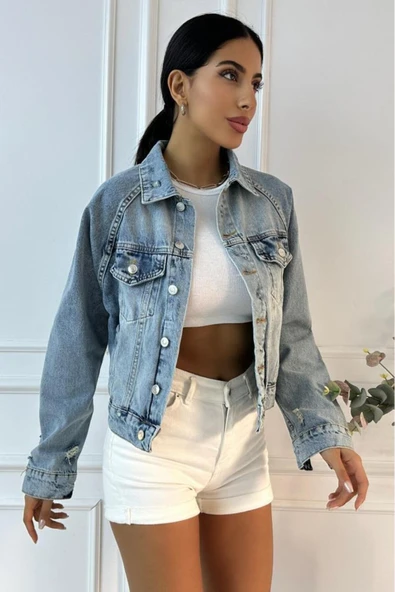 Kadın Yıpratmalı Vintage Mavi Denim Ceket - 5