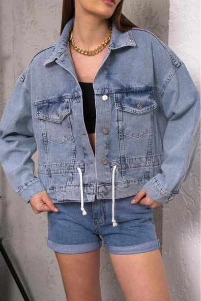 Kadın Oversize Bel Ayarlamalı Denim Ceket - 3