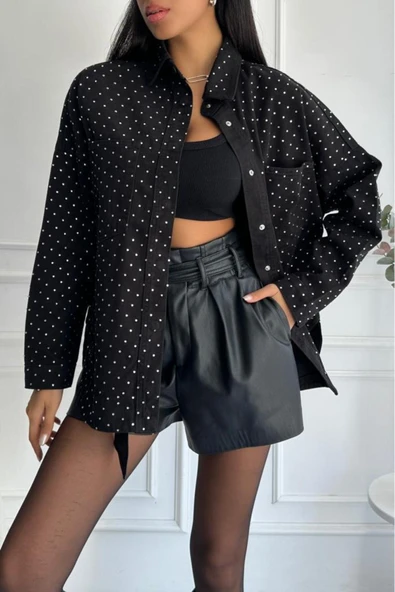 Kadın Oversize Taşlı Denim Siyah Ceket - 5
