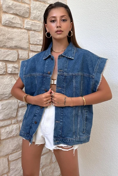 Kadın Oversize Kolları Püsküllü Denim Yelek - 2