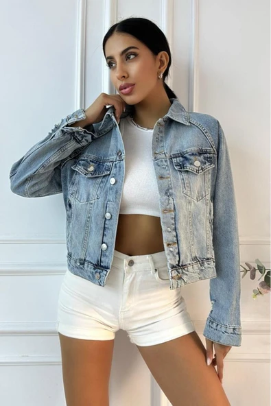 Kadın Yıpratmalı Vintage Mavi Denim Ceket