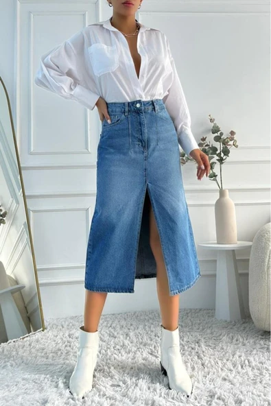 Kadın Midi Boy Pens Detaylı Yırtmaçlı Denim Mavi Etek - 9