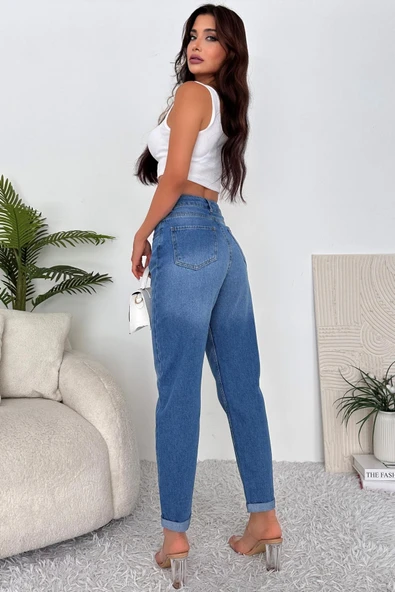 Kadın Yüksek Bel Duble Paça Jean Pantolon - 4